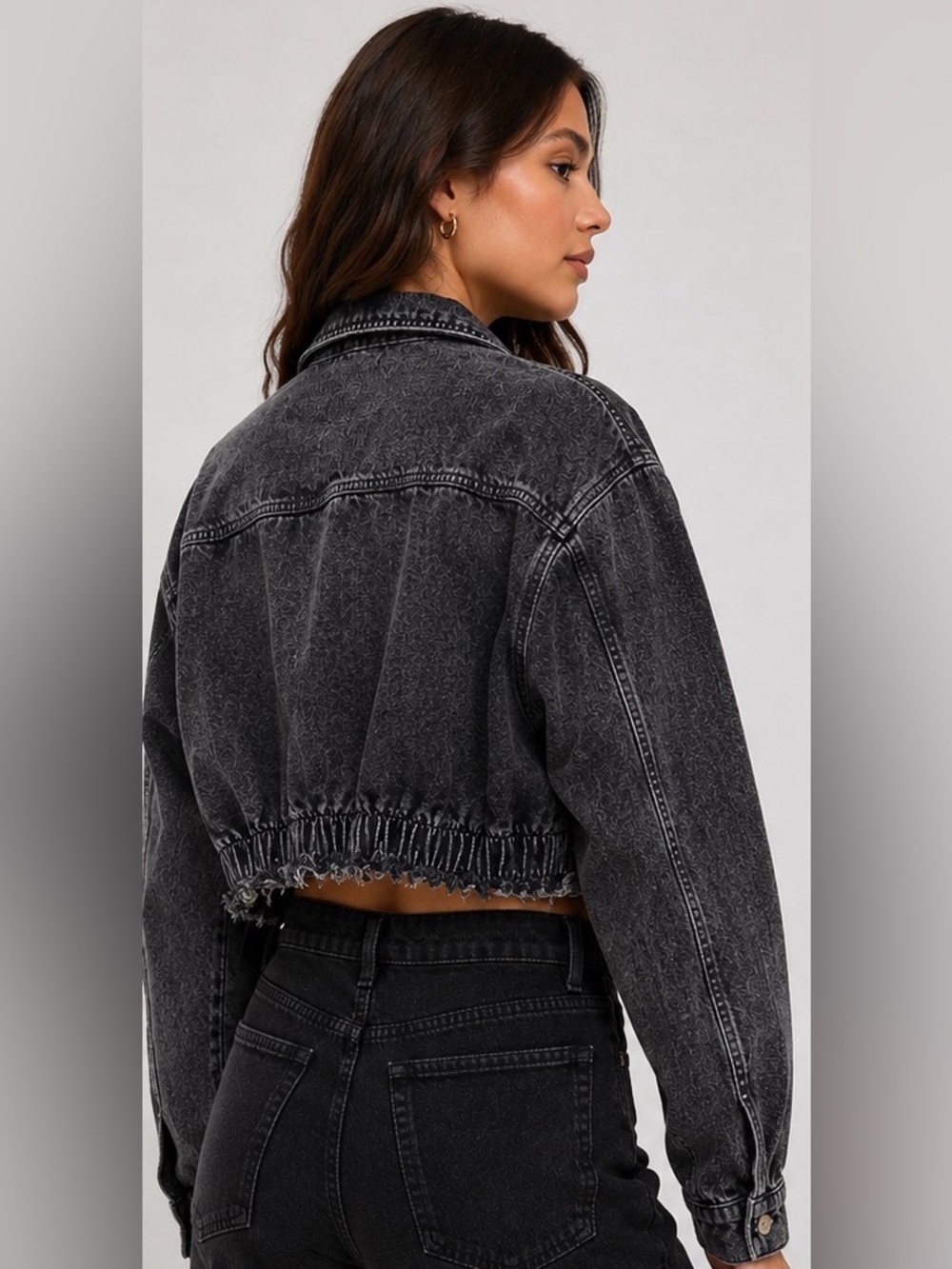 Highway Cropped Black Acid Wash Denim Jacket Raw Hem Y2K Grunge Size L